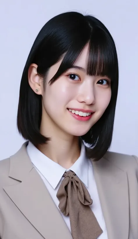 Neat Young Woman、and look at the camera、office lady suit、jacket、shirt、necklace、ear piercing、薄い茶髪、smile showing teeth、背景はオフィス
