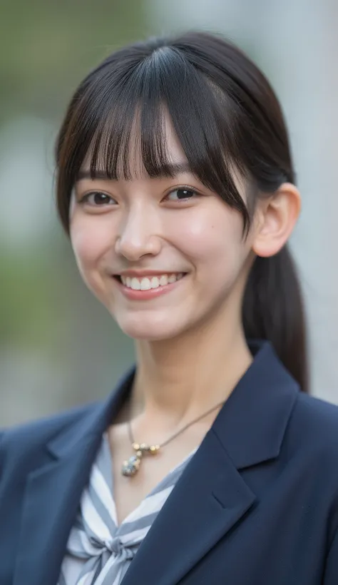 Neat Young Woman、and look at the camera、office lady suit、jacket、shirt、necklace、ear piercing、薄い茶髪、smile showing teeth、背景はオフィス