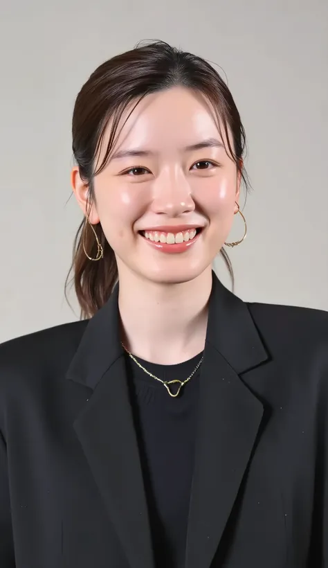 Neat Young Woman、and look at the camera、office lady suit、jacket、shirt、necklace、ear piercing、薄い茶髪、、、smile showing teeth、、background is office
