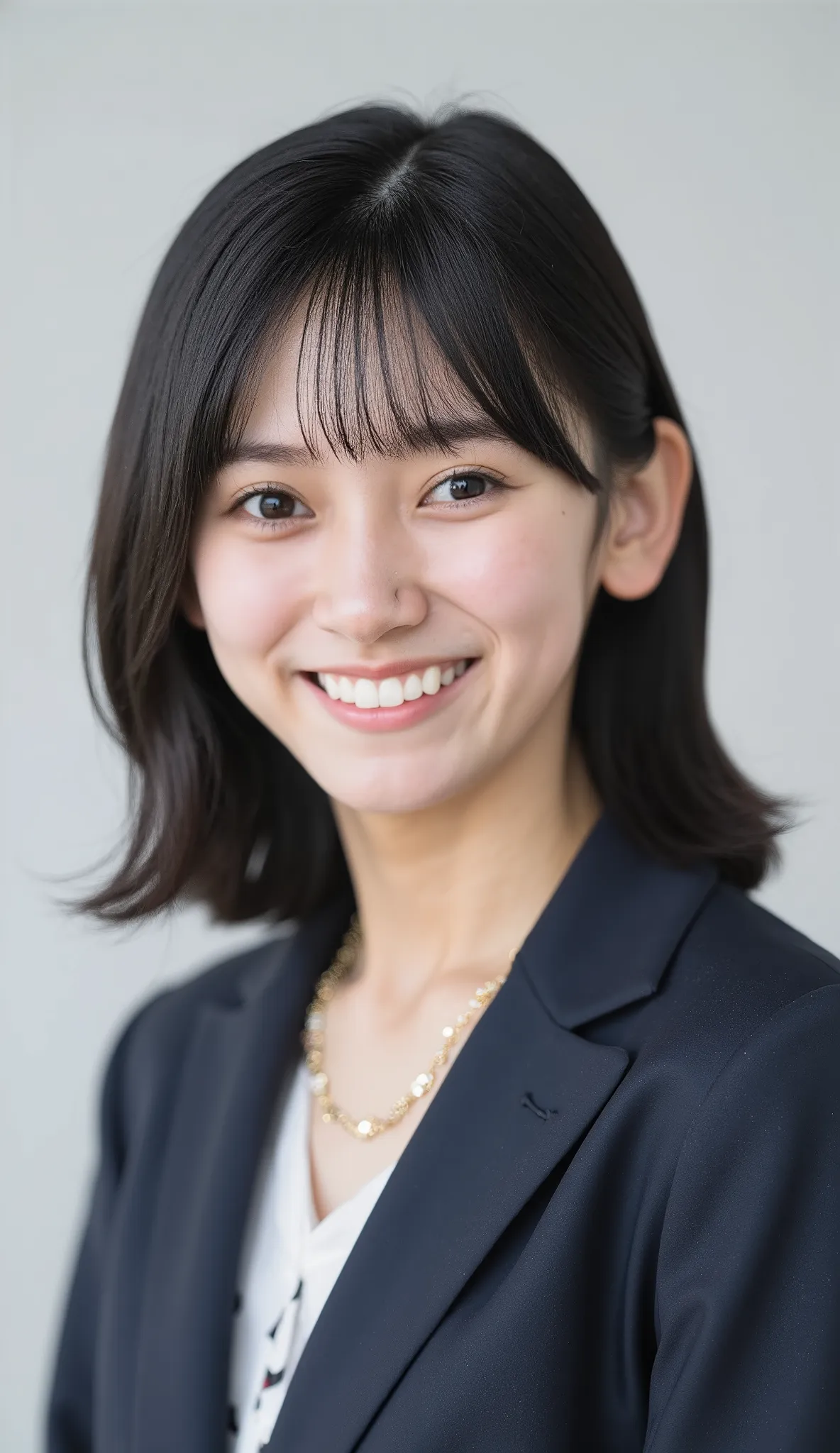 Neat Young Woman、and look at the camera、office lady suit、jacket、shirt、necklace、ear piercing、薄い茶髪、smile showing teeth、背景はオフィス