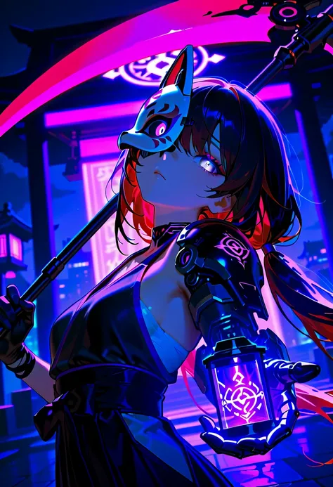anime-style, (masterpiece:1.2, Best Quality), (finely detailed beautiful eye: 1.2), (beautiful detailed face), 1girl, dynamic angle, bandaged hands, action pose, close up, from side, holding lantern, futuristic lantern, glowing lantern, lantern with dreamcatcher, lantern with futuristic lighting, ((futuristic scanner over eye, mechanical skulls biting into shoulders, mechanical skull gadgets, one mechanical arm with wires, futuristic scythe, the scythe has glowing wires, dark purple scythe, scythe with a neon laser blade, holding scythe, shrine, magic runes, magical effects, glowing runes, purple runes, fox mask, fox mask with purple trim)), expressionless,head tilt, thin, spellcasting, magic, fantasy, Gray eyes, Dark red hair, dark purple highlights, glowing highlights, various gadgets, swept bangs, half open eyes, eyelashes, long hair, low twin tails, white ribbons, thin, small breasts, ((modest gray kosode, modest black hakama)), bare shoulders,  close up, upper body, one glowing eye, outstretched hand, from side, shrine, hillside, glowing wires on ground, dark aura, shadowy aura, futuristic city backdrop, few trees,