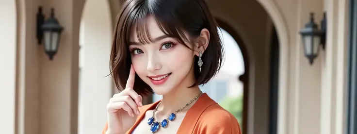 The entrance to a luxurious Western-style hotel, There is a large, white door, the door is closed and intricately decorated,a woman standing in front of the door , gorgeous and flashy orange no-shoulder dress, orange sheer coat, ((Pose with 2 fingers close...