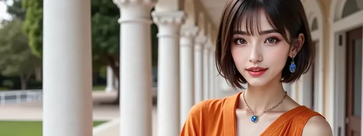 The entrance to a luxurious Western-style hotel, There is a large, white door, the door is closed and intricately decorated,a woman standing in front of the door , gorgeous and flashy orange no-shoulder dress, An orange haori, big blue ((Side Facing Piece...