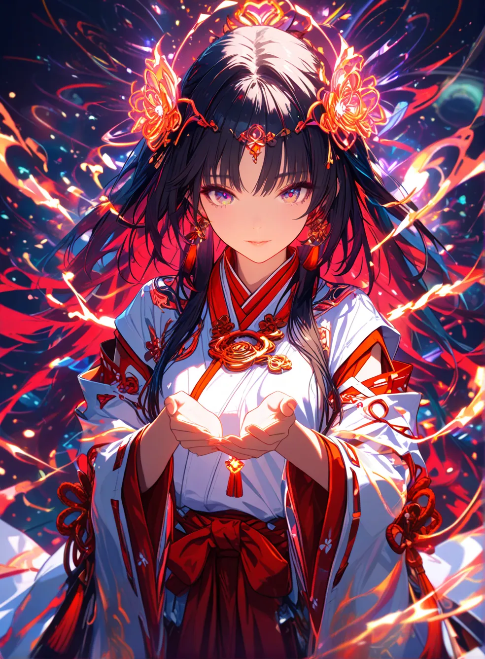 fantasy,rltstc,(masterpiece:1.2, top quality), (beautiful eyes with attention to detail: 1.2), ((1 Beautiful Girl)),  (beautiful background:1.2), (Highly Detailed CG, Super Detailed),(Very detailed and beautiful:1.1), (perfect detail:1.1), (miko), high-quality, cinematic shot of a cyber miko, her face reflecting a profound peace as she silently offers a prayer. Intricate cybernetic enhancements shimmer and pulse with light, subtly woven into her features and traditional miko attire. Data streams swirl and flow around her, creating an ethereal aura that blurs the lines between the spiritual and the technological. The image is masterfully composed, highlighting the miko's serene expression and the mesmerizing detail of her cybernetic enhancements. The contrast between her calming presence and the vibrant energy of the digital world creates a stunning visual narrative, making the image rich with intricate details and an otherworldly ambiance.