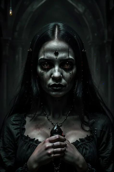Gothic Beauty, grotesque beauty, 2000-year-old witch with long black hair,glowing magic gemstones in her hands shining and cutting the darkness around her,gloomy atmosphere,iconic character, icon style, 4k,surreal environment, dramatic lighting, cinematic ...