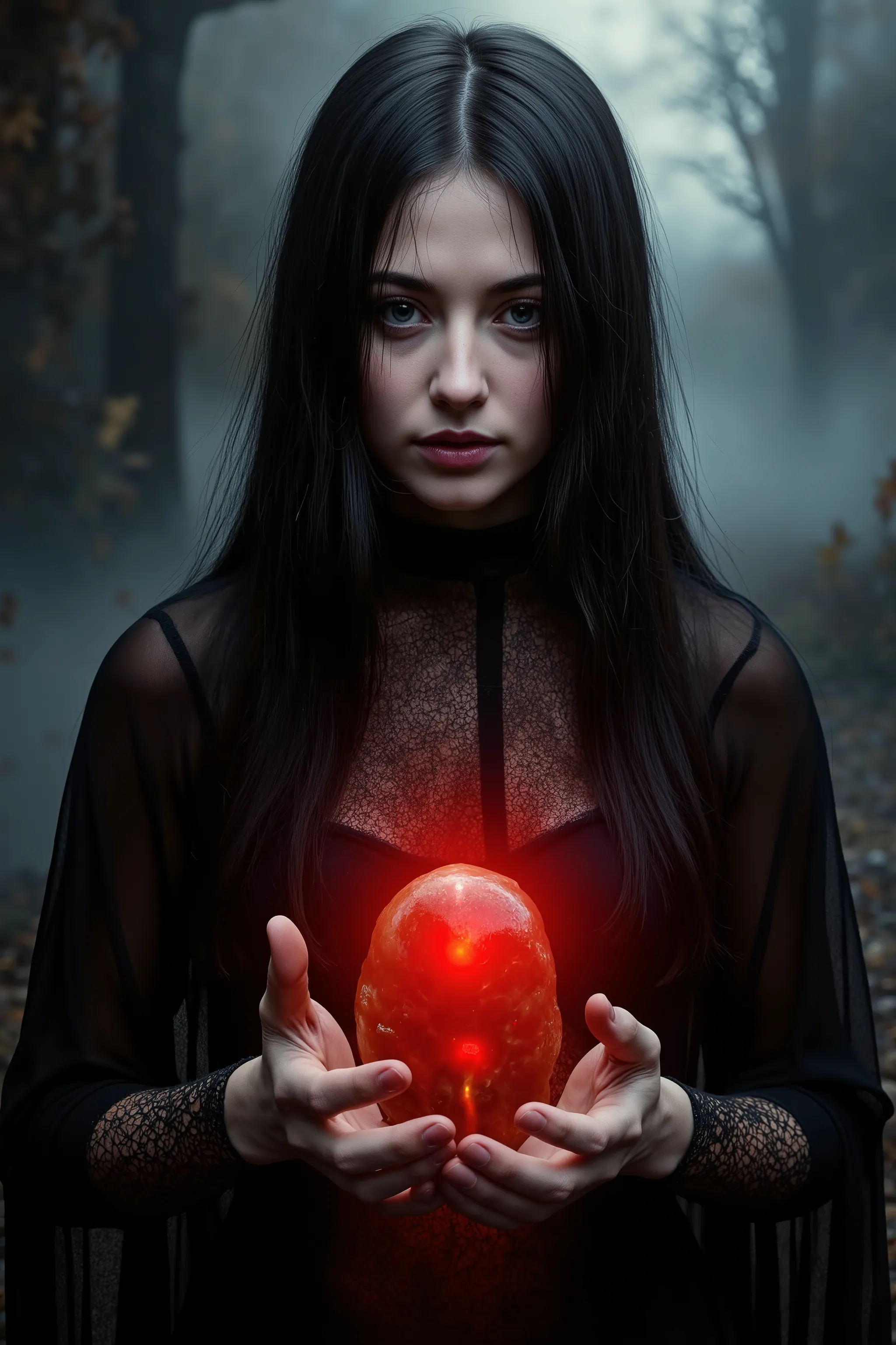 Dark fantasy art, surreal elements, macabre,ultra-realistic, photo-realistic, ultra-detailed  A 2000-year-old witch from the future with long black hair, glowing magic gemstone glowing brightly in her hands cutting the darkness all around her,, gloomy atmo...