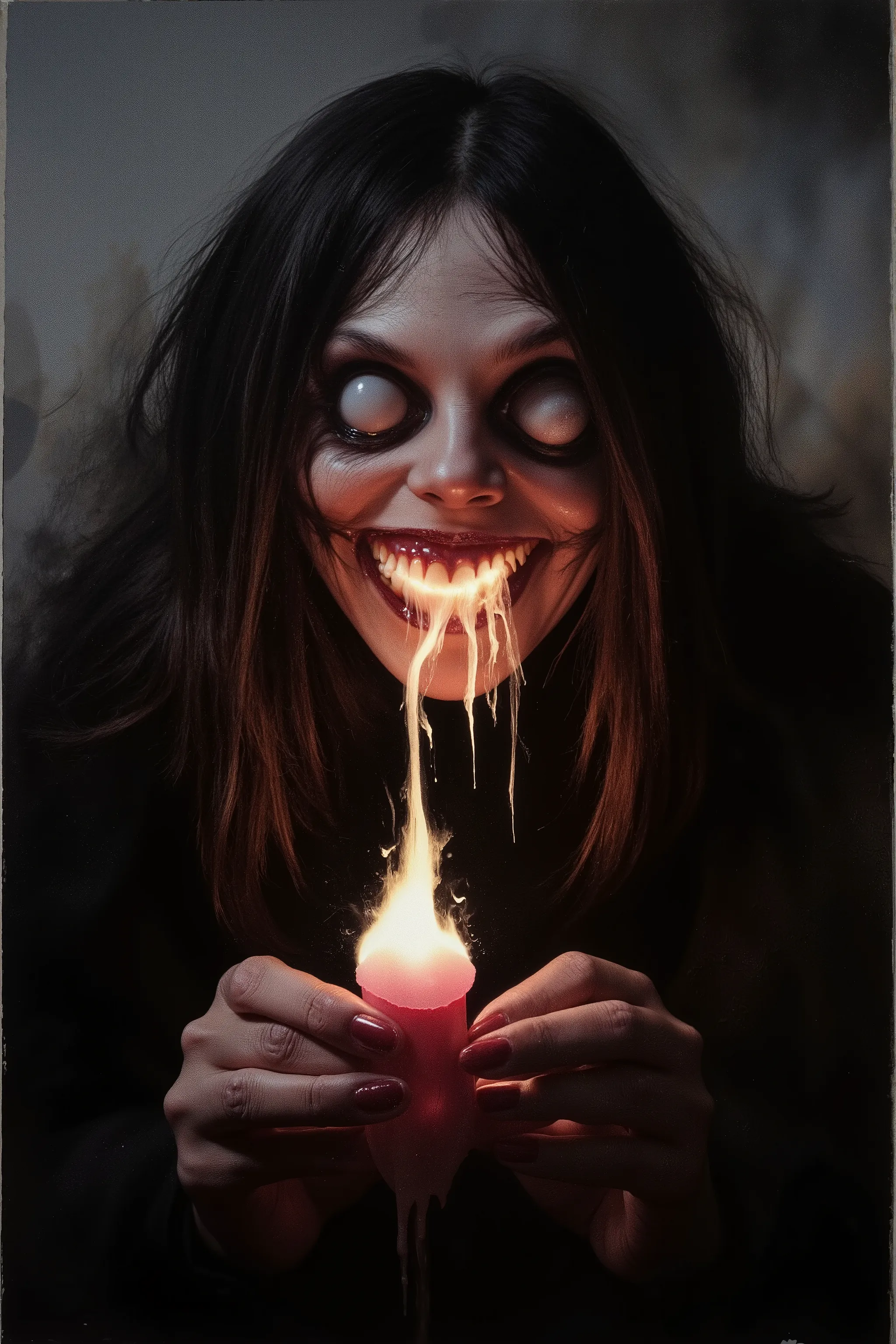 a 2000-year-old witch from the future with long black hair, glowingmagic gemstone glowing brightly in her hands cutting the darkness all around her,, gloomy atmosphere, dramatic lighting, cinematic composition, evil fantasy art, highly detailed, intricate ...