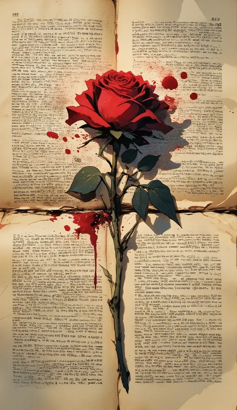The image shows a single red rose lying on a background of old, yellowed pages filled with dense text. The rose is positioned centrally, with its stem and leaves extending diagonally across the page. There are red splatters scattered around the rose, creat...