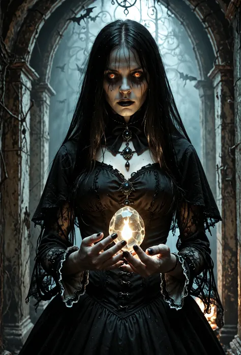 Gothic Beauty,ultra-realistic, photo-realistic, A 2000-year-old witch with long black hair,a large glowing magic gemstone in her hands,cutting the darkness around her,gothic/victorian style dress black and scarlet,gloomy atmosphere,iconic character, icon s...