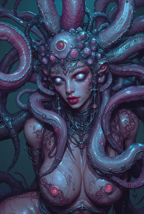 neon colored, (photos realistic:1.7), (1 beautiful and Coquettish female alien:1.4), (There is a female genital-like organ in the middle of her forehead:1.95), She has medusa-like hair, (there are lots of translucent tentacles from her head like her hair:1...