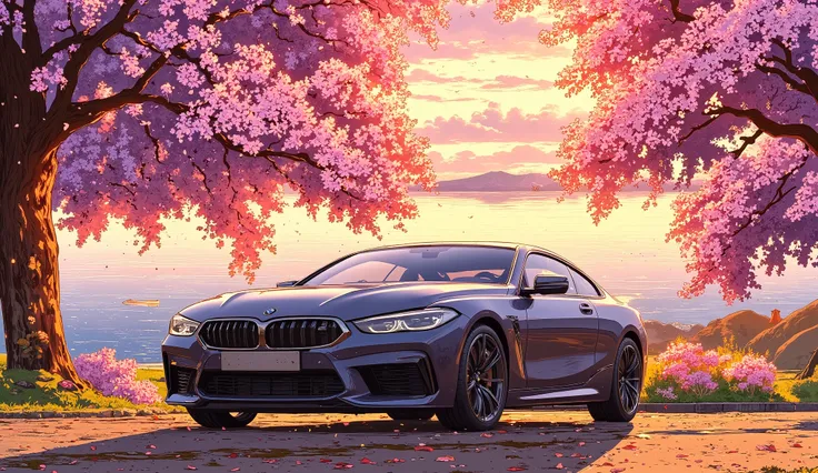 "BMW M8 parked under cherry blossom trees during golden hour, petals falling around, Mount Fuji in background, serene lake reflections, minimalist art style, photorealistic, soft lighting"

(Style: Calm, poetic, Japanese-inspired)