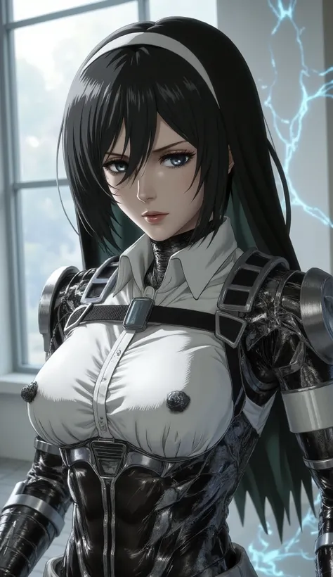 Mikasa Ackerman, cyborg, cyberpunk, mature female, shy girl, beautiful face, beautiful eyes, seductive eyes, large eyes, dark grey eyes, long eyelashes, sexy mouth, puckered lips, black hair, realistic skin, pale skin, European girl, a beautiful A female r...
