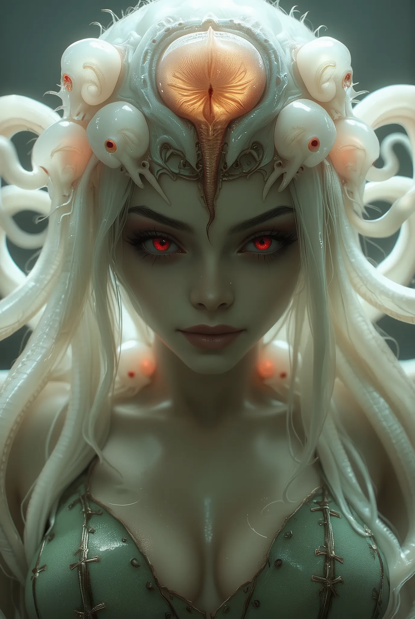 neon colored, (1 beautiful and obscene female alien:1.4), (There is a female genital-like organ in the middle of her forehead:1.95), She has medusa-like hair, (there are lots of translucent tentacles from her head like her hair:1.5), (vulgarity1.7), (she i...