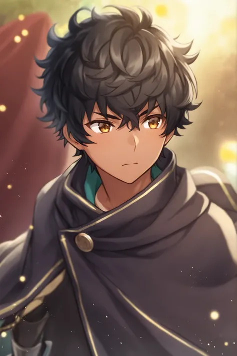 A man with short curly hair, his clothes are mostly black, he wears a cloak with metal adornments and his skin is tanned. He has bit-like particles around him a manifestation of his quantum power 