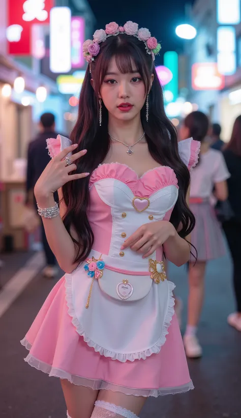 Create a stunning portrait of a beautiful young korean idol wearing harajuku style maid uniform with various cute and adorable accessories. She is posing serving sample drinks on a tray or sitting on a bench for photoshoot or waving to attract visitors in ...