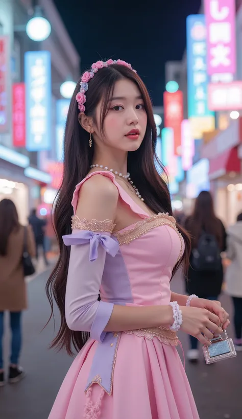 Create a stunning portrait of a beautiful young korean idol wearing harajuku style maid uniform with various cute and adorable accessories. She is posing serving sample drinks on a tray or sitting on a bench for photoshoot or waving to attract visitors in ...