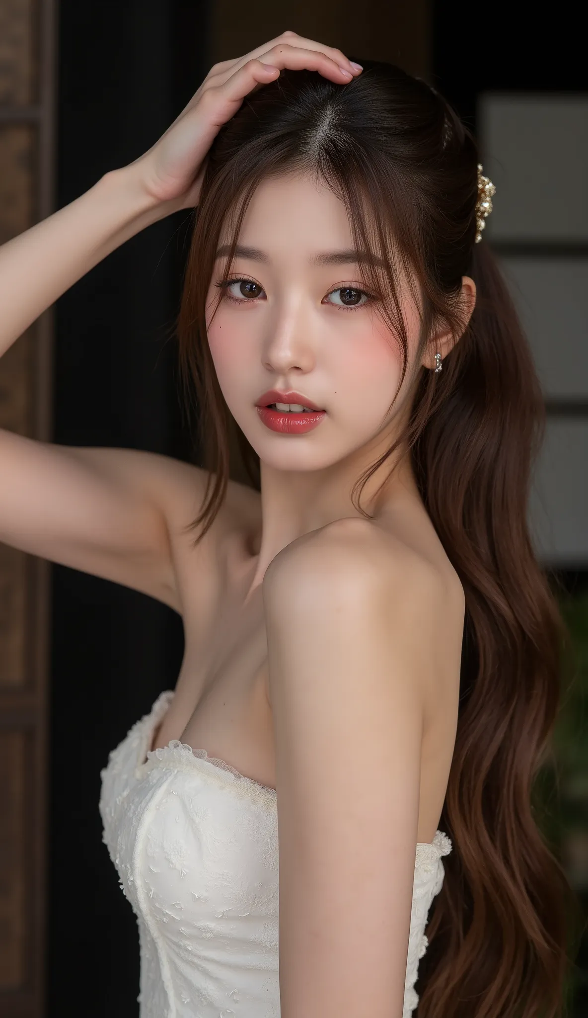 super high quality, masterpiece, Ultra High Resolution Realistic, RAW Photos, 16k、32K、 perfection, Professional Lighting,  Ultra high detail,Very detailed, (((20 year old:1.7))),((One sexy Korean women:1.5)),((One beautiful women:1.5)),  ((At a Japanese in...