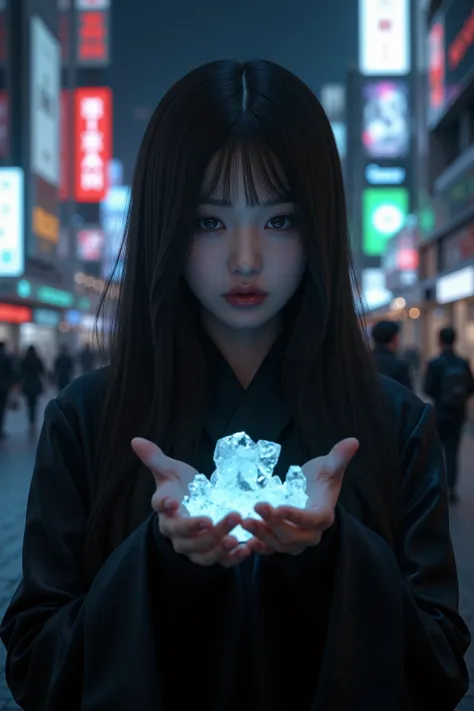Ultra-realistic, Cyber city, far in the future. A 2000-year-old shrine maiden with extremely intense eyes and long black hair has glowing magic stones illuminated in her hands on a dark city night,the buzz of a cybercity all around her,chaotic futuristic a...