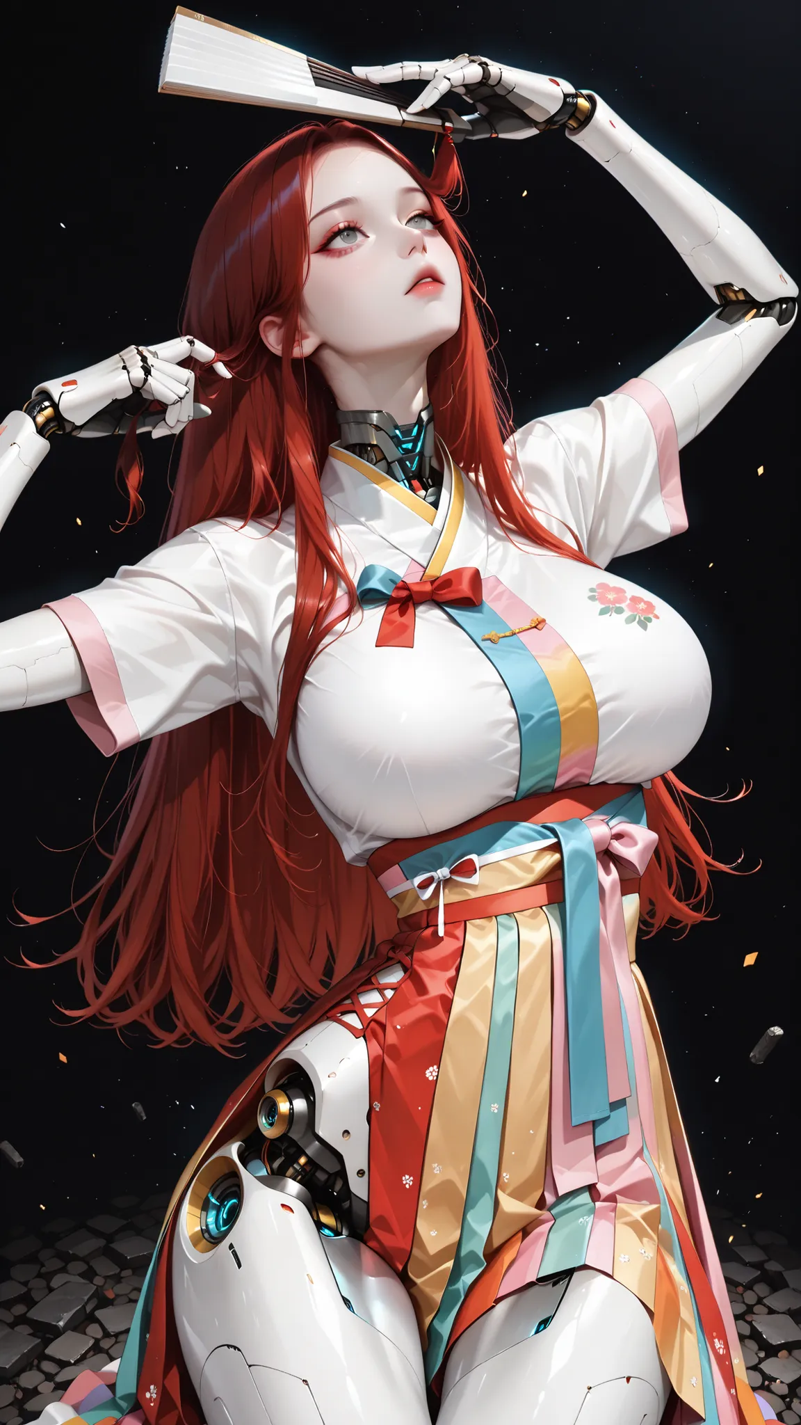masterpiece, best quality, vibrant, very aesthetic, high contrast, (semi-realistic), newest, koreanai, best_quality, finely_detailed_eyes_and_detailed_face, (1 girl, solo, centered composition),long_hair, straight_hair, no bangs, forehead, gray_eyes, (huge...