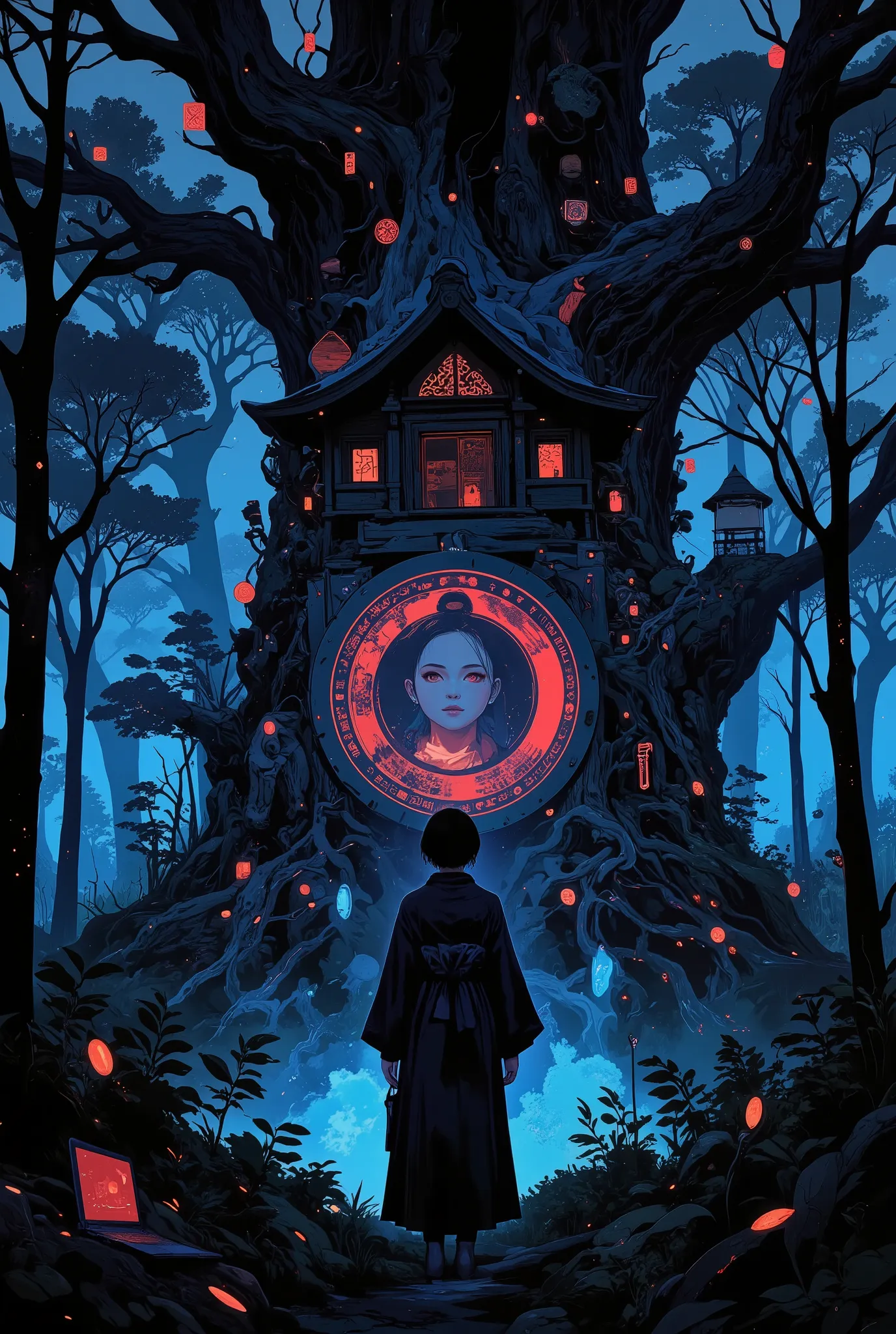 (Tarot card: 1.0), Cyberpunk hacker nerd girl in priest's robes standing in dark forest, Japanese girl, violet eyes、detailed face, glasses, poufy twin tails、encircling tree々Vines、Multiple symbols floating around、一貫して pattern化された作品、In the center background ...
