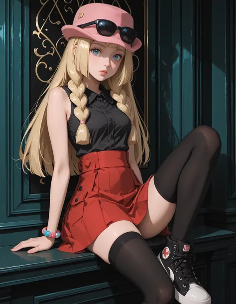 Lillie, blonde hair, long hair, blue eyes, seated. Dressed as Serena, sleeveless shirt, sleeveless black shirt, bracelet, high-waist skirt, red skirt, black thighhighs, sunglasses, pink hat, black sneakers.