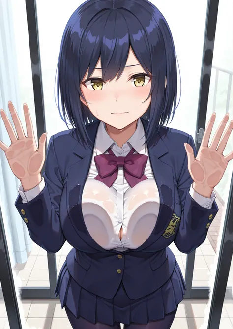 solo,masterpiece,best quality, amazing quality, highres, absurdres, very aesthetic, high resolution, ultra detailed, perfect details,nijirin,medium breasts,yellow eyes,blue hair,black hair,moles,medium hair,nijirincos,white shirt,collared shirt,purple bowt...