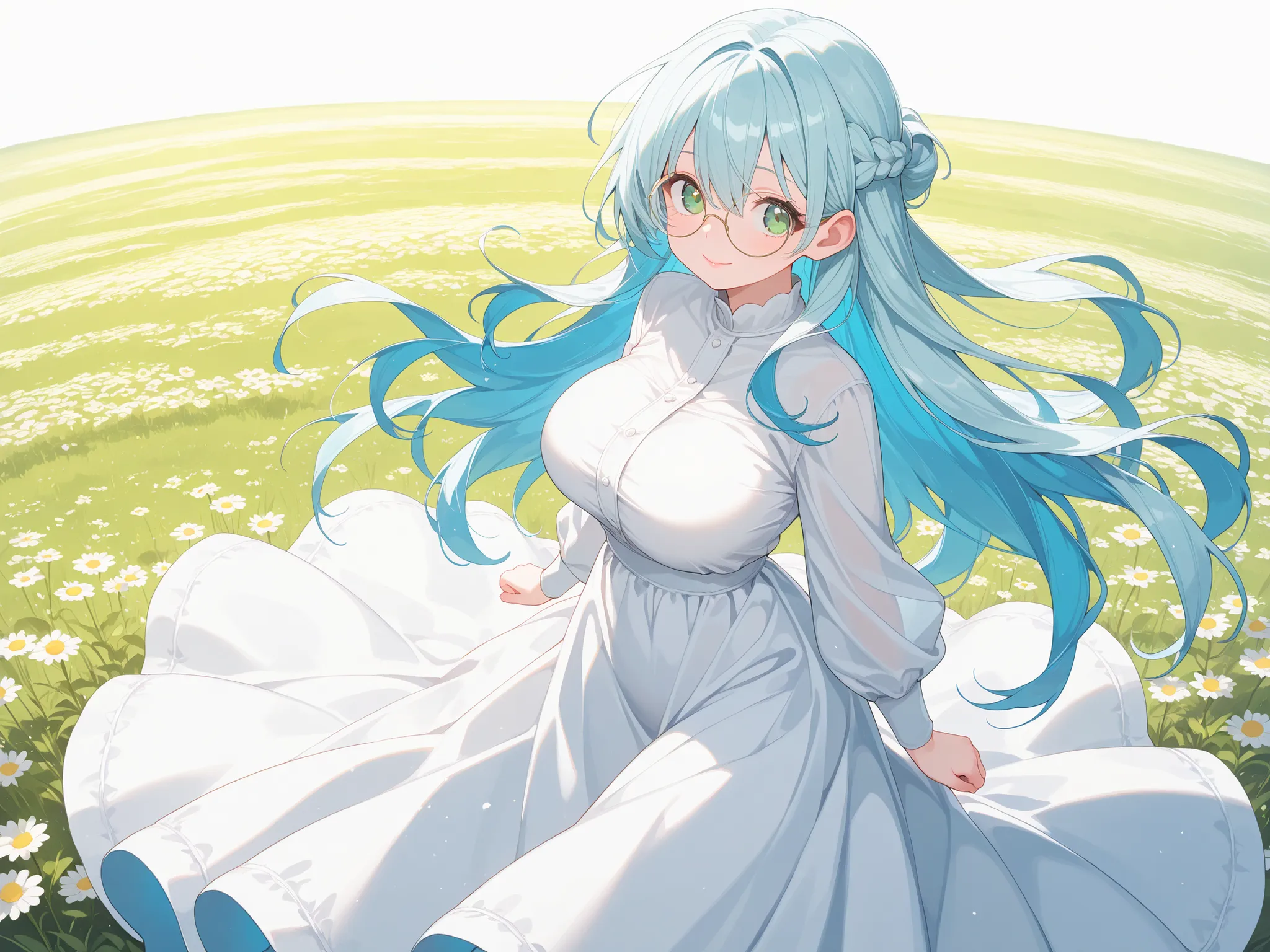 masterpiece, top quality, 8k, 1 girl, (big round eyes), long eyelashes, cute style, standing, (semi long blue hair), half up braid, hairs between eyes ,(Long Sideways), ((green eyes)), upturned eyes, round eyewear, pink lips, (large breasts:1.2), (white lo...