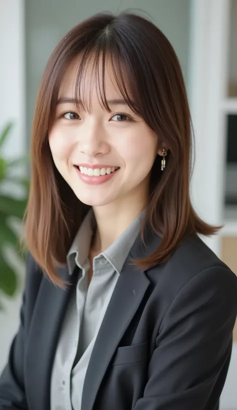 Neat Young Woman、and look at the camera、office lady suit、jacket、shirt、necklace、ear piercing、髪型ボブヘア、薄い茶髪、smile showing teeth、背景はオフィス