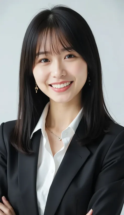 Neat Young Woman、and look at the camera、office lady suit、jacket、shirt、necklace、ear piercing、髪型ボブヘア、黒髪、smile showing teeth、背景はオフィス


