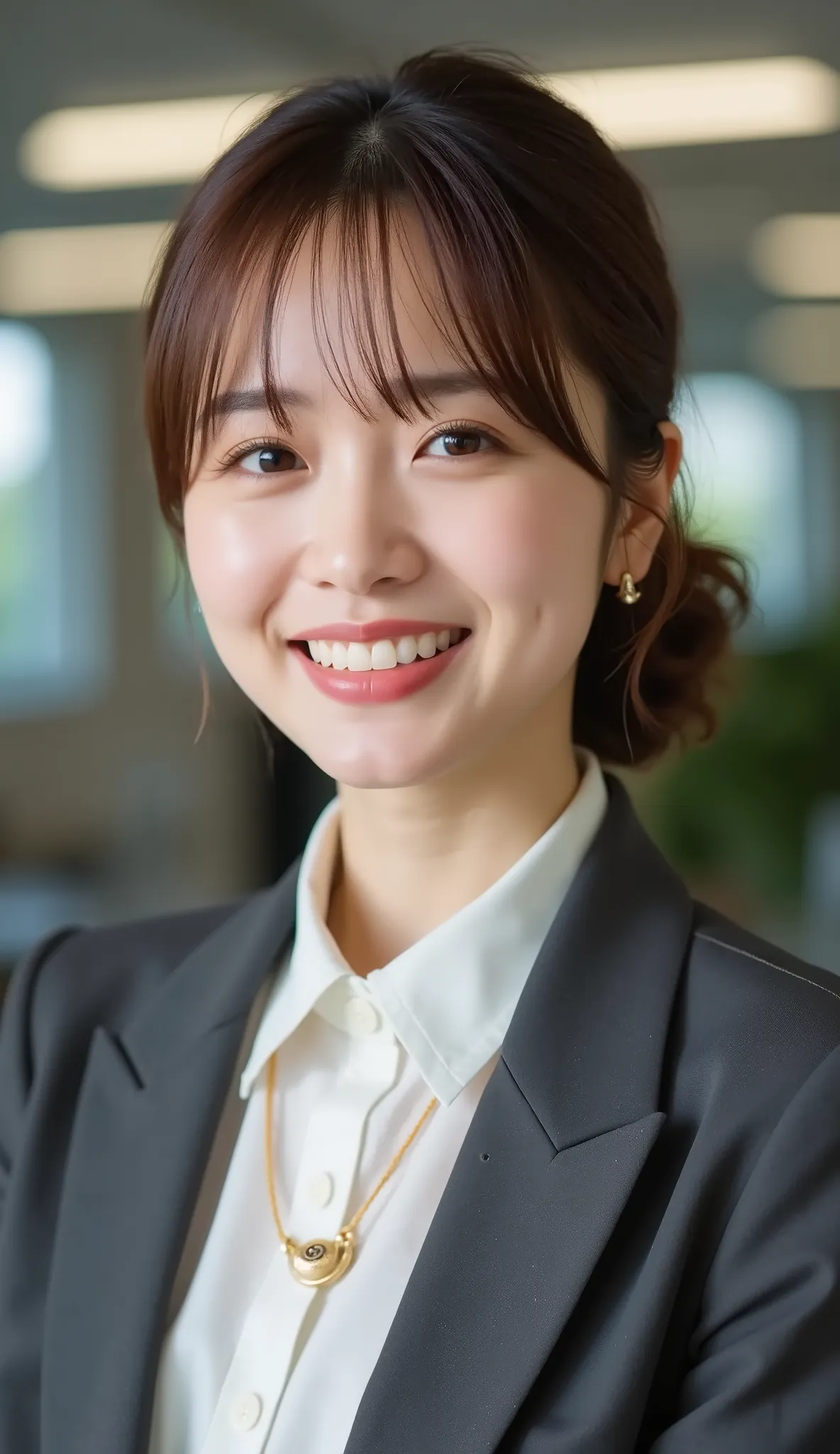 Neat Young Woman、and look at the camera、office lady suit、jacket、shirt、necklace、ear piercing、髪型ショートカット、薄い茶髪、smile showing teeth、背景はオフィス


