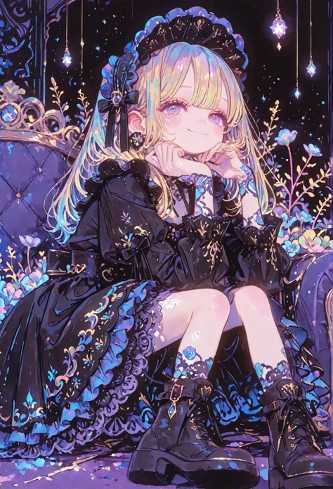 colored pencil drawing, sketch style, full body, sitting, thin lines, thin colors, watercolor, soft touch, colorful, deformed, background subject, fantasy, (gothic theme), 

1 girl, solo, gold hair, long hair, translucent hair, Rococo style, gothic taste, ...