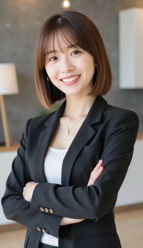 Neat Young Woman、and look at the camera、office lady suit、jacket、shirt、necklace、ear piercing、髪型ボブヘア、薄い茶髪、smile showing teeth、背景はオフィス

