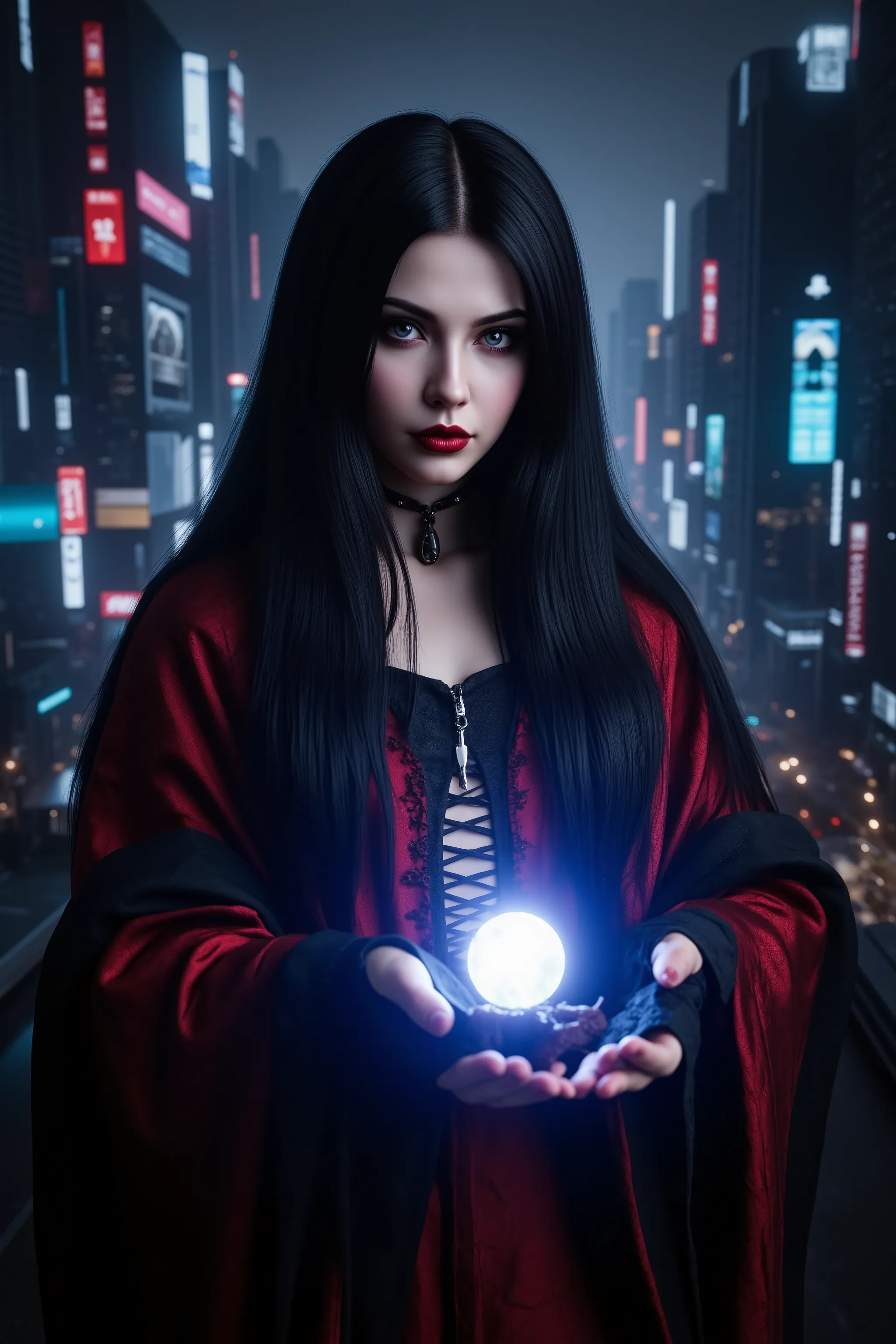 Ultra-realistic, Cyber city, far in the future. A 2000-year-old shrine maiden with extremely intense eyes and long black hair has glowing magic stones illuminated in her hands on a dark city night,the buzz of a cybercity all around her,chaotic futuristic a...