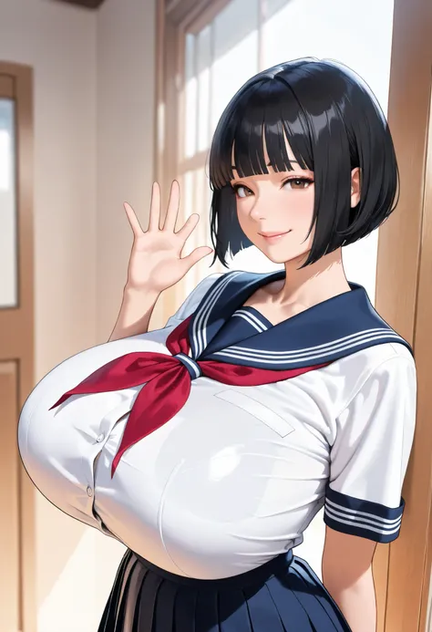 (masterpiece, details, top quality, 8K, [realistic], absurd:1.2), Japanese Women, 1 high school girl, beautiful character design, Plain face, (black hair, middle hair, bob cut, blunt bangs),  美しくdetailsな目の描写, expressive eyes, brown eyes, Japanese woman who...