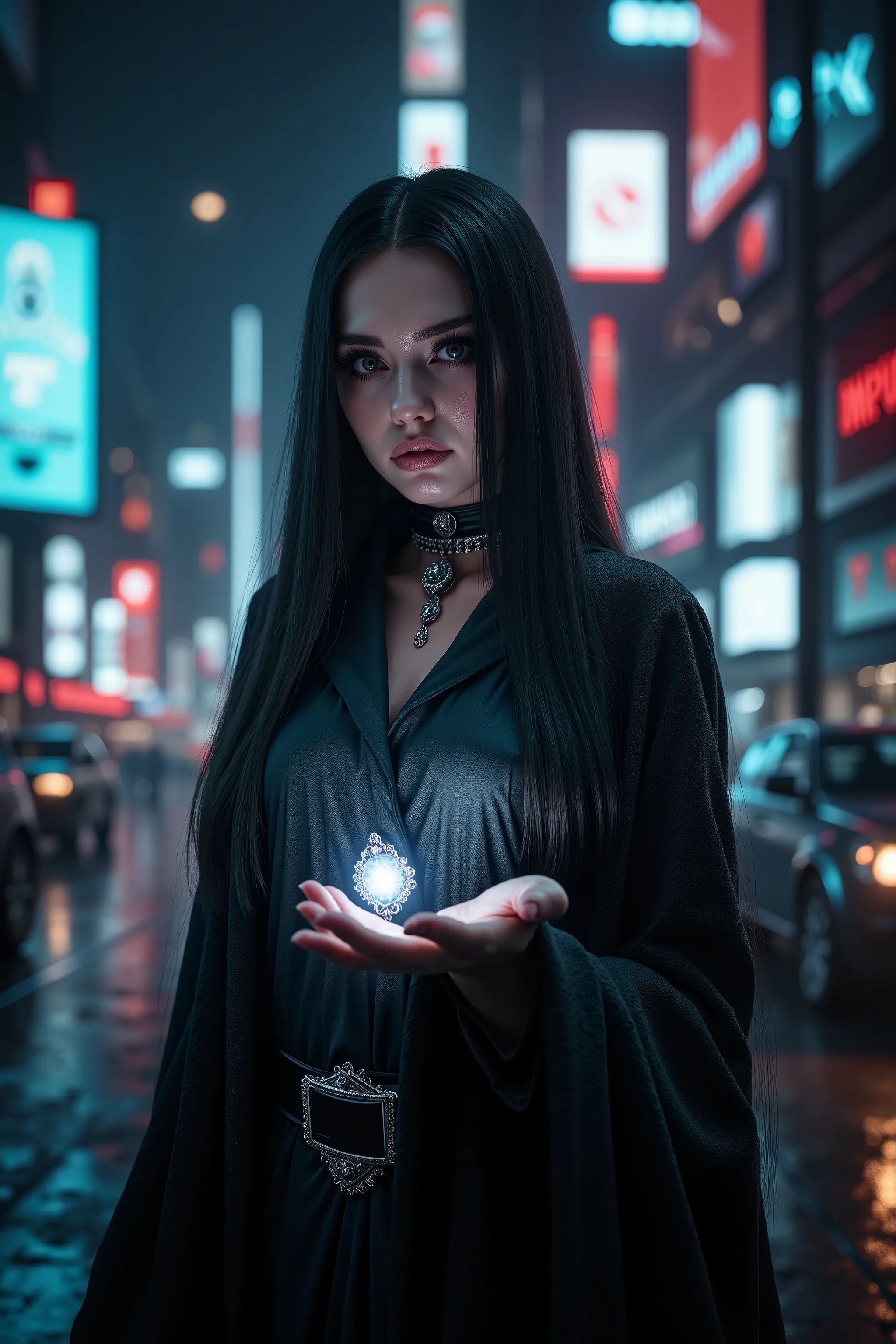 ultra-realistic, photo-realistic, Cyber city,  set far in the future. A 2000-year-old witch with extremely intense eyes and long black hair has glowing magic stones illuminated in her hands on a dark city night,the buzz of a cybercity all around her,chaoti...