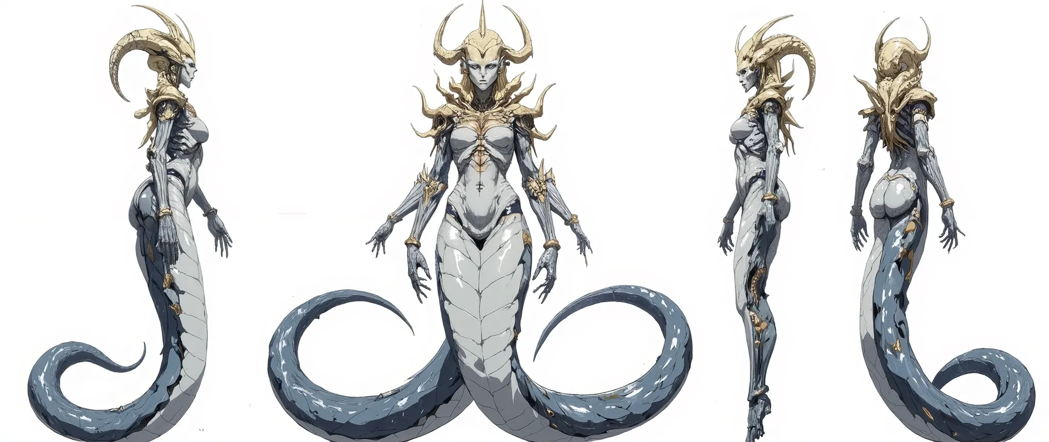 Masterpiece, latest fashion, very aesthetic. A monster half woman half snake like medusa, from the waist up she is a woman, from the waist down she has the body of a huge snake with scales, she looks like a being from another planet, her head is elongated ...