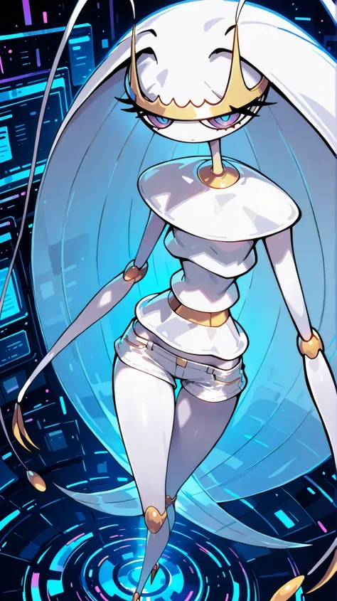 Pheromosa from Pokemon, White Body, (cyber punk), Thin Waist, Very Thin Waist, Wasp Waist, Solo, Aerial View,vibrant colors, cel shading, Simplistic Art Style, looking at viewer, solo,
horror