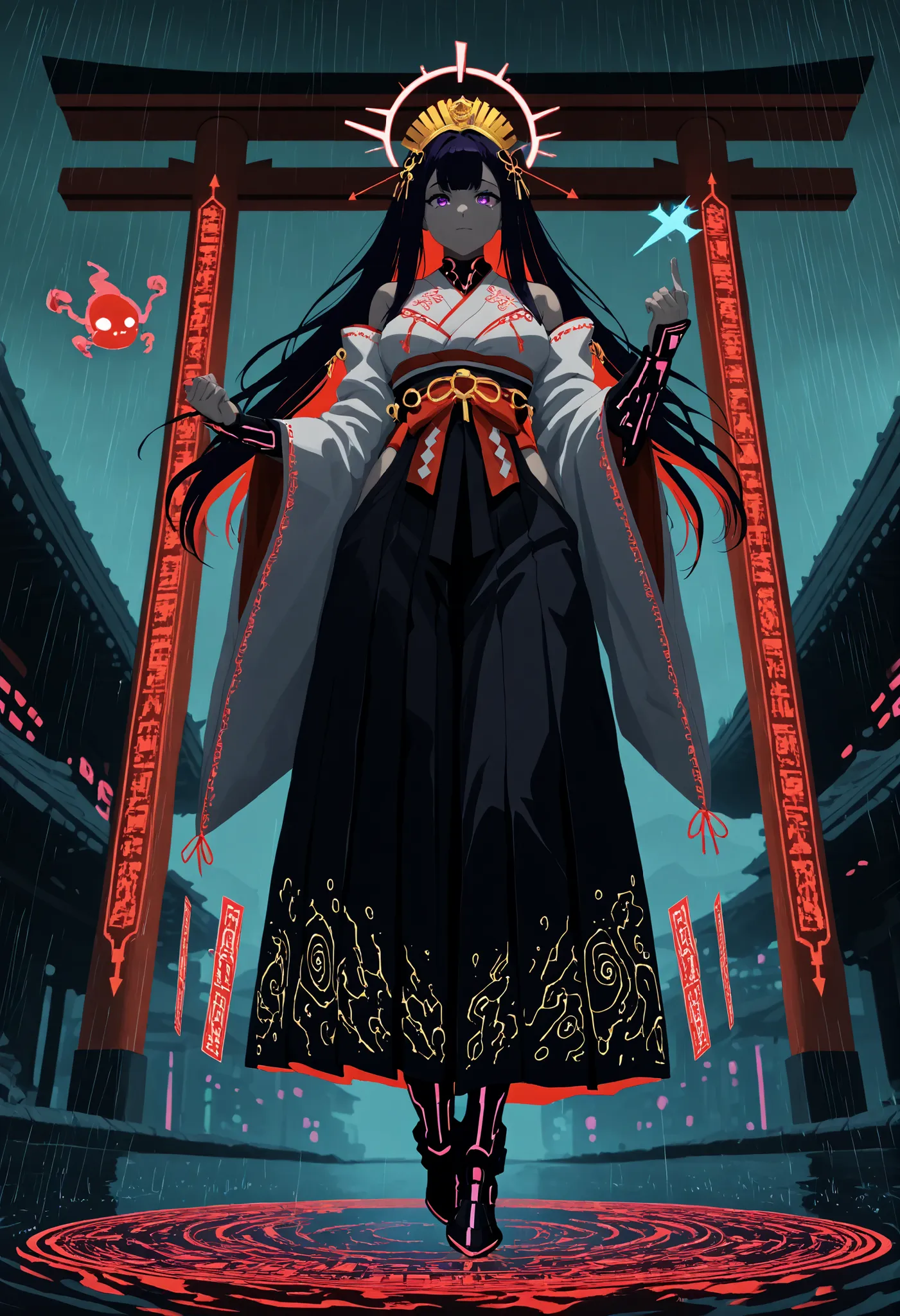 A futuristic cyber shrine maiden in mid-combat, drawing back a glowing energy bow charged with neon-red arrows made of armored cybernetic steel. She wears a sleek cyber-miko outfit: a white armored kimono with glowing circuit-like embroidery, a black high-...