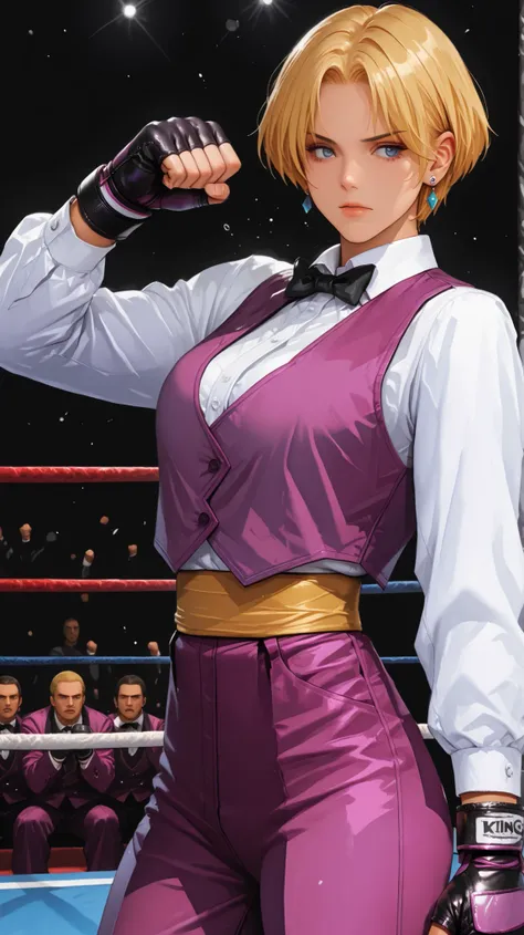 boxing pose, king aof, solo, blue eyes, short hair, blonde hair, earrings, 
purple suit vest, bowtie, collared shirt, fingerless gloves, high-waist pants, long sleeves, real anime style