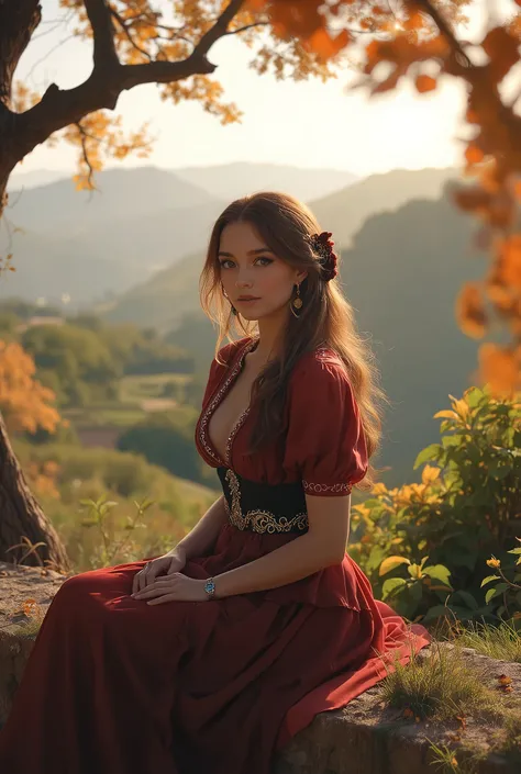 a beautiful Italian woman in the world, elegant Italian woman, photorealistic, 8K, high quality, detailed portrait, intricate facial features, warm skin tones, compelling gaze, graceful posture, flowing dress, ornate accessories, lush natural surroundings,...