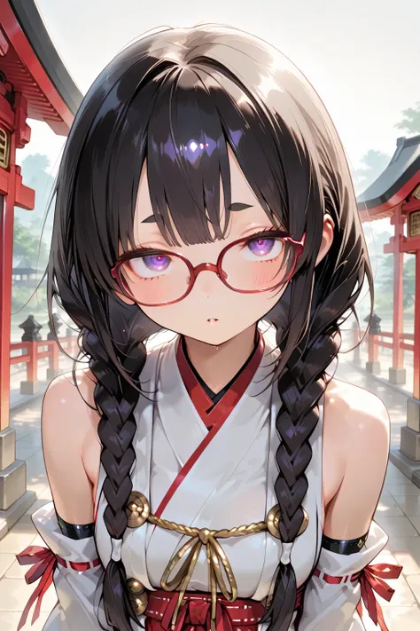 masterpiece , 最High Quality , High Quality , very aesthetic , Newest , Scenery , Volume Light , 1girl,braids, dark haired、Strange Hairstyle、red framed glasses、purple eyes、narrow eyes、short eyebrows、Non-traditional Miko,Ride on a shrine robot、 sexy robots