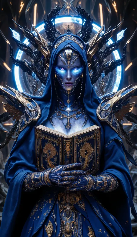 Surreal Painting,  An extravagant, mysterious female figure dressed in intricately embroidered cobalt blue medieval clothing that fits her form perfectly , A jeweled rosary necklace with a large crucifix rests on her shoulder,Allusions to a historical or r...