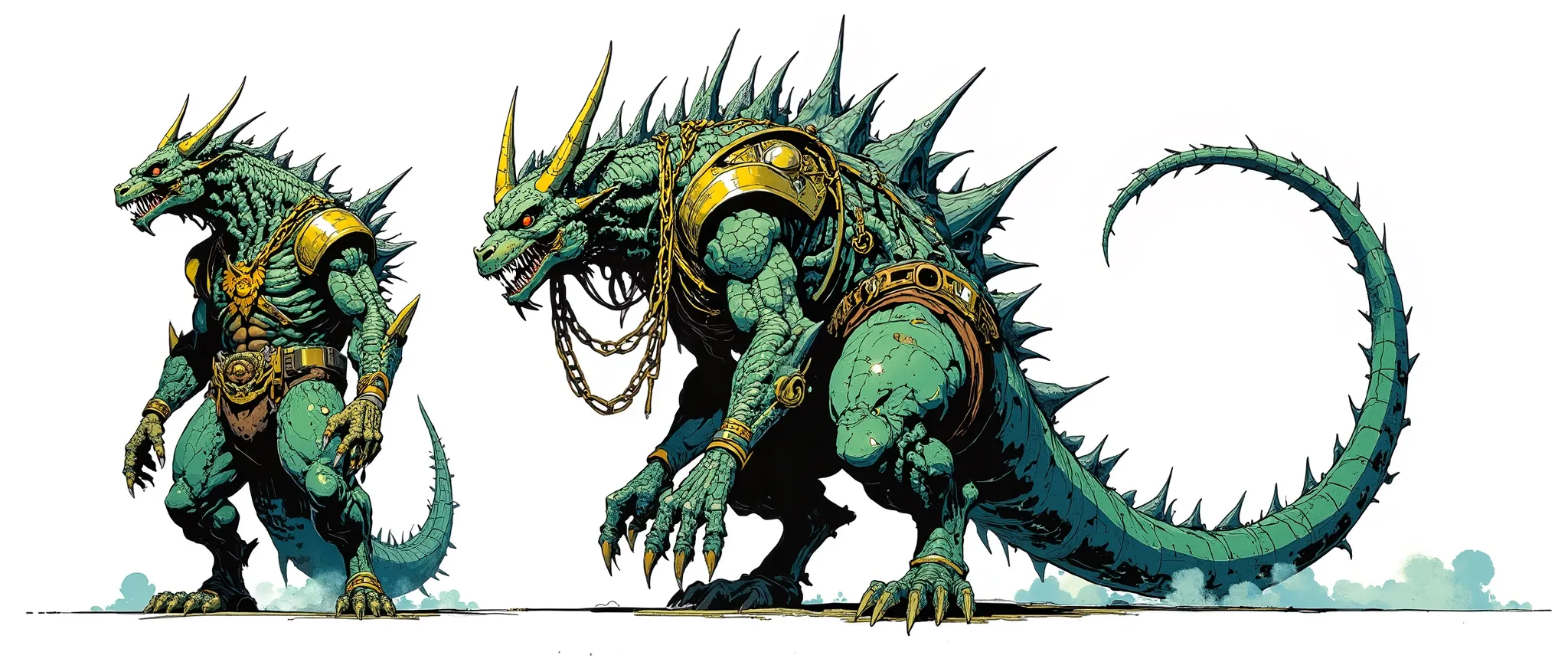 Masterpiece, latest fashion, very aesthetic. a 4-legged monster, looking like a chimera, its head looks like an ancient dragon, it has 3 dragon heads, 3 heads, its body has the shape of a quadruped godzilla, thin, its tail is large and has metallic scales,...