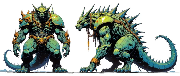 Masterpiece, latest fashion, very aesthetic. a 4-legged monster, looking like a chimera, its head looks like an ancient dragon, it has 3 dragon heads, 3 heads, its body has the shape of a quadruped godzilla, thin, its tail is large and has metallic scales,...