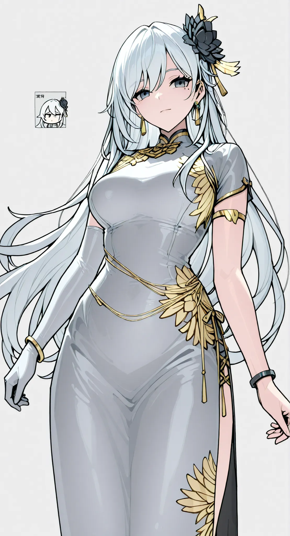 mole under eye、Armlet for left arm、bracelet for right wrist、China Dress,anime girl Picture of a woman with long white hair and a flower in her hair, gray hairの deity, Anime Goddess, gray hairの, gray hairの lady, gray hair, Zodiac Knight Portrait Girl, Haise...