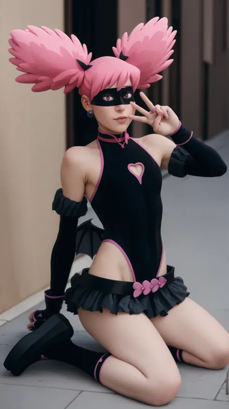 1girl, best quality, [masterpiece] , , pink hair, long hair, ojos rosados, black mask, domino mask, black leotard, black miniskirt, ruffled skirt,  black belt, cropped heart, neckline, neckline cutout, arches, pink earrings, black socks altas, high body je...
