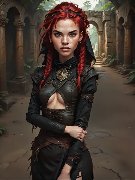 Slender body. White skin. Cute 18-year-old Indonesian/Aztec girl with big Asian red eyes and unnaturally sharp teeth and dreadlocks (white and red hair). Sharp and pointy teeth. She has a cute and beautiful face. She has a round and young face with a point...