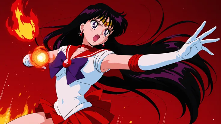 itou_ikuko,masterpiece,best quality,good quality, 1990s (style), anime coloring, retro_artstyle, 1girl,hino rei, sailor mars, black hair, long hair, parted bangs,elbow gloves, magical girl, microskirt, pleated skirt, red skirt, sailor senshi uniform,,red b...