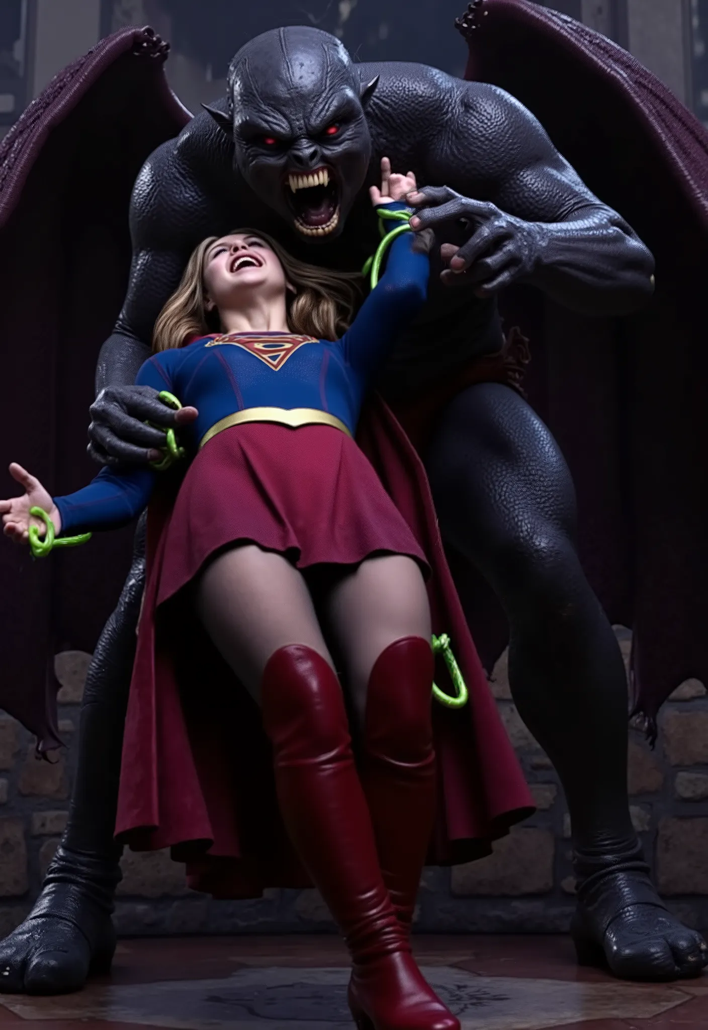 Melissa Benoist as Supergirl, fighting with a strong fierce devils, she is screaming in pain, painful face, screaming and shouting in pain, her arms tied behind her back with green lighting chain, she is wearing a Supergirl costume, blue shirt and very sho...