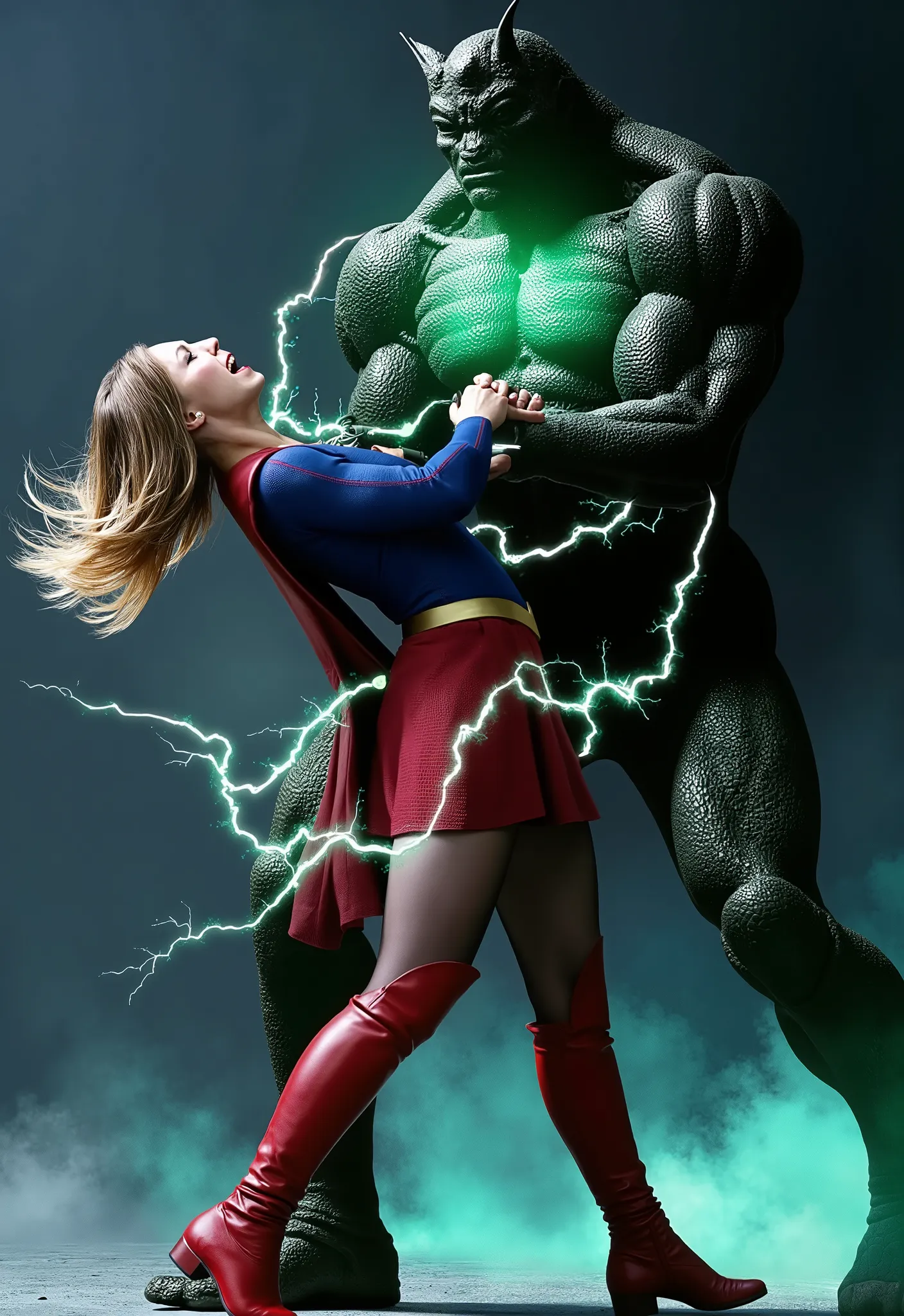 Melissa Benoist as Supergirl, fighting with a strong fierce devils, she push the devil's chest out, she is screaming in pain, painful face, screaming and shouting in pain, her arms are tied with green lighting chain, she is wearing a Supergirl costume, blu...